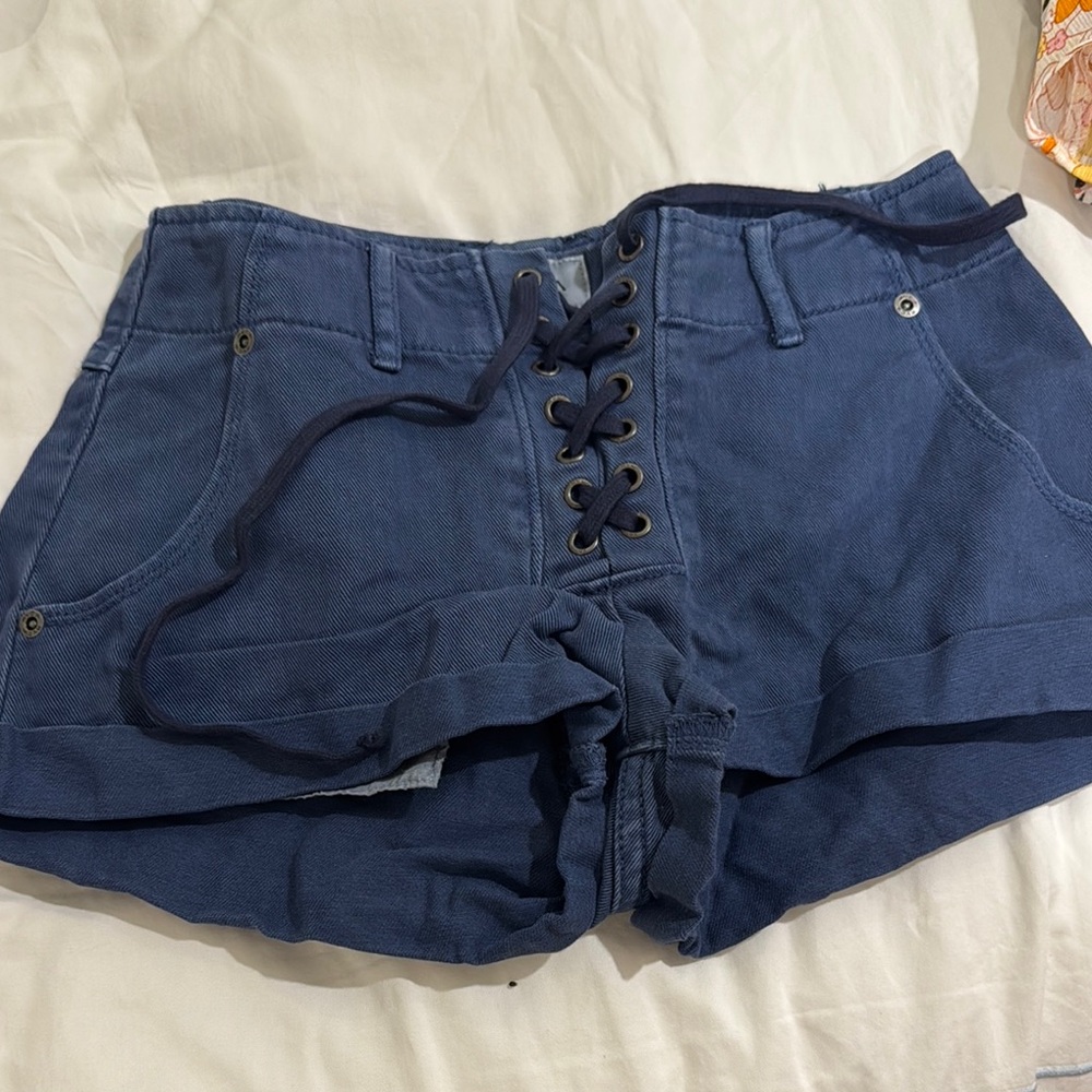 RVCA Blue High Waist Lace-Up Shorts